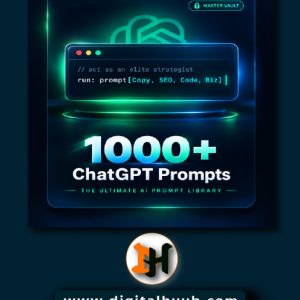 1000+ ChatGPT Prompts – The Ultimate AI Prompt Library spreadsheet and Notion templates displaying categorized digital marketing copywriting and coding workflows on DigitalHuub