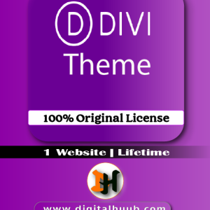 Divi WordPress Theme Lifetime License dashboard showing visual drag-and-drop builder, premade layout packs, and premium Elegant Themes plugins on DigitalHuub