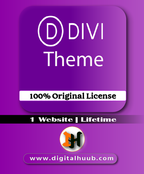 Divi WordPress Theme Lifetime License dashboard showing visual drag-and-drop builder, premade layout packs, and premium Elegant Themes plugins on DigitalHuub