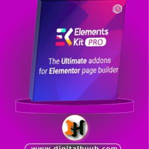 Elements Kit – The Ultimate Addons for Elementor Page Builder dashboard featuring Mega Menu builder, custom header footer templates, and interactive widgets on DigitalHuub