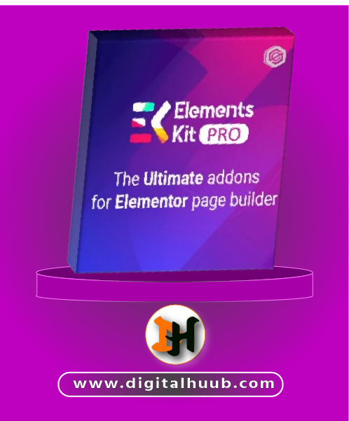 Elements Kit – The Ultimate Addons for Elementor Page Builder dashboard featuring Mega Menu builder, custom header footer templates, and interactive widgets on DigitalHuub