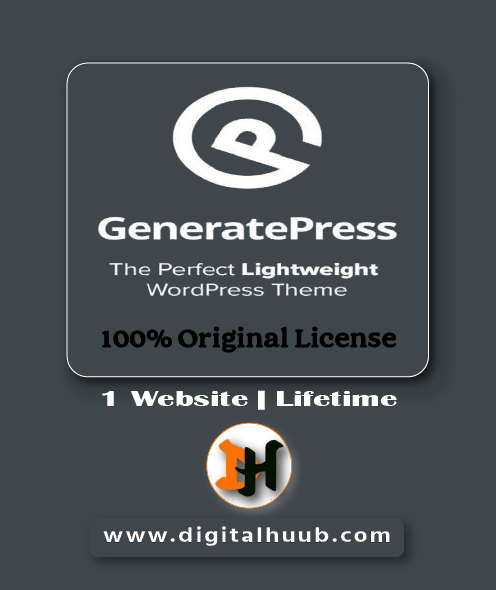 GeneratePress Premium Theme dashboard showing GP Premium modules, Element Theme Builder, and Site Library customization options on DigitalHuub
