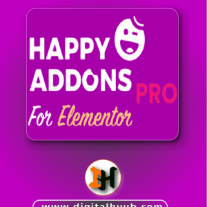 Happy Addons Pro for Elementor dashboard showing interactive design widgets, cross-domain copy-paste feature, and preset design templates on DigitalHuub
